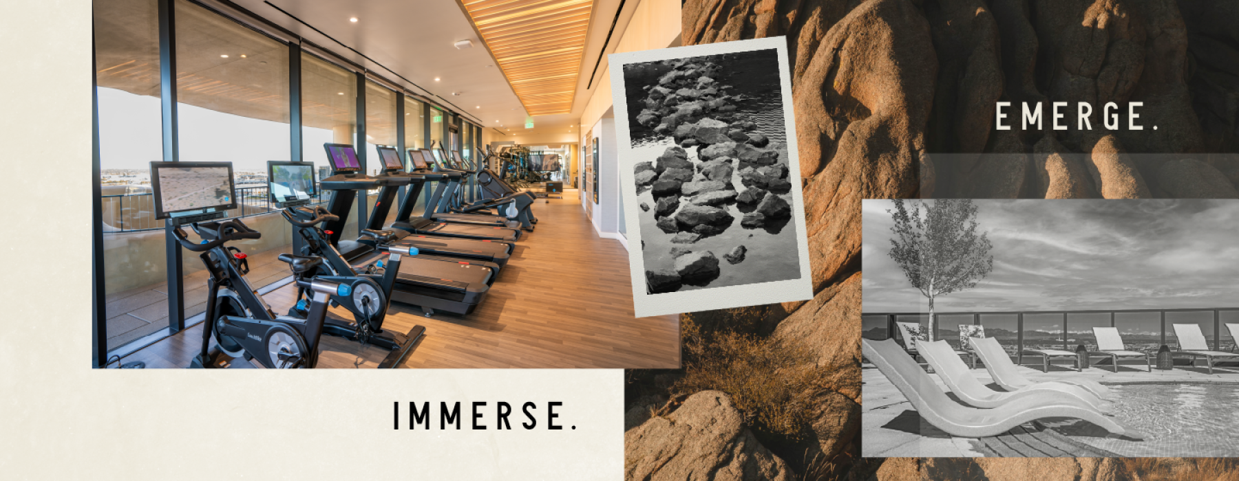 photo graphic of fitness center and pool at one river north