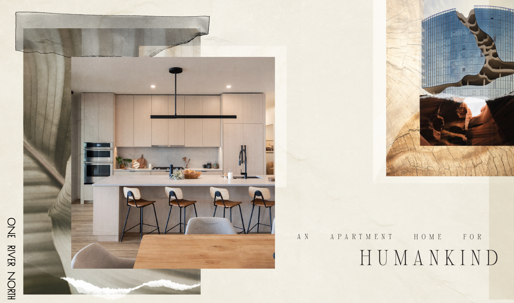 Artistice image of apartment kitchen in Denver with exterior of building with canyon and plants on the facade