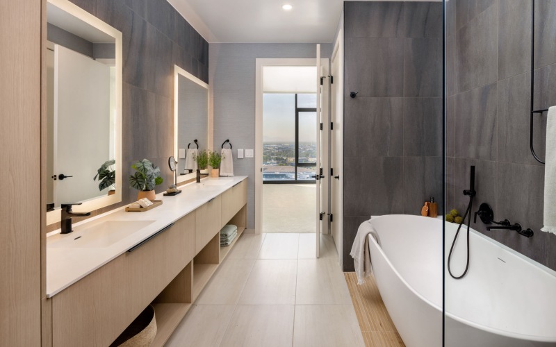 One river north apartment bathroom in Denver 